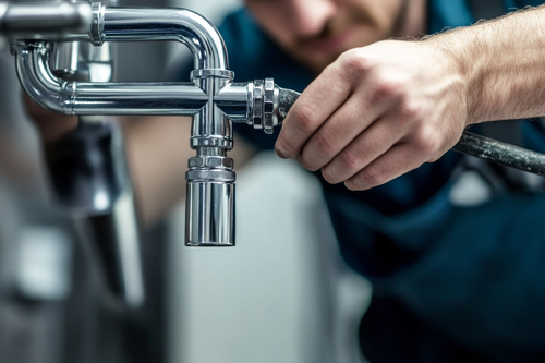 faucet and man with wrench